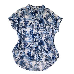 Jane + Delancey Blue Tropical Print Button Up Shirt Blouse Top Large